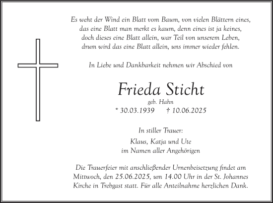 Anzeige von Frieda Sticht von MGO