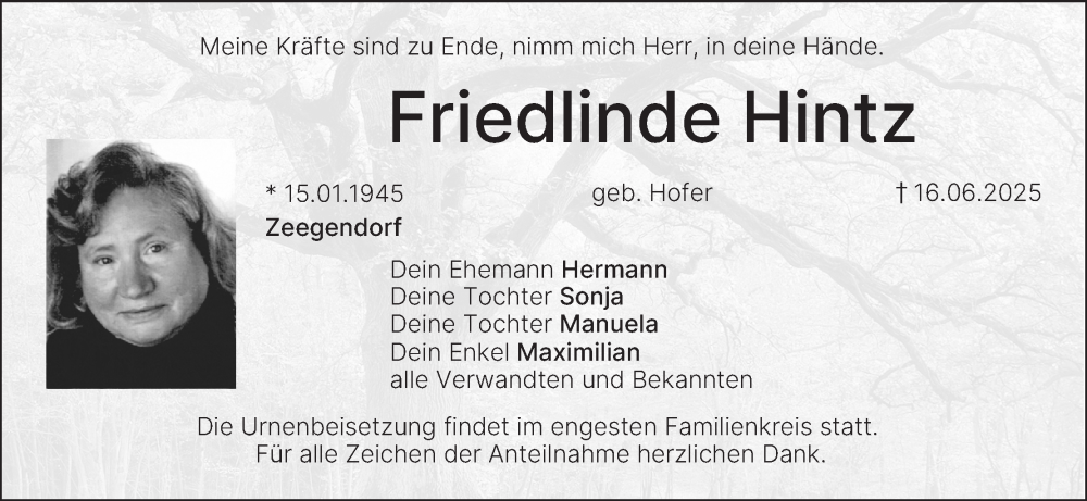  Traueranzeige für Friedlinde Hintz vom 28.06.2025 aus MGO