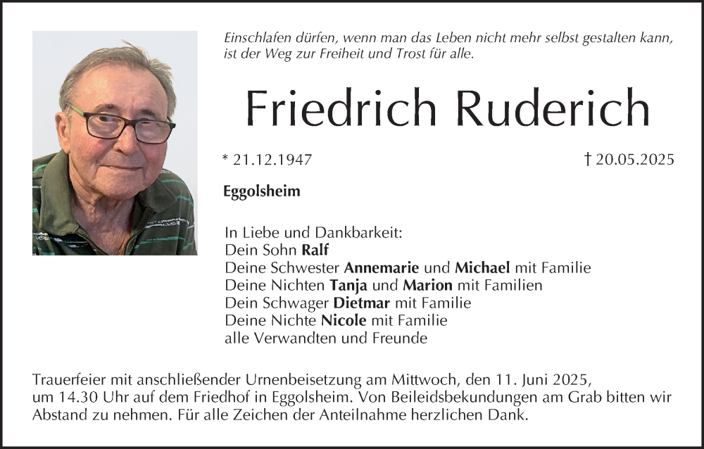  Traueranzeige für Friedrich Ruderich vom 07.06.2025 aus MGO