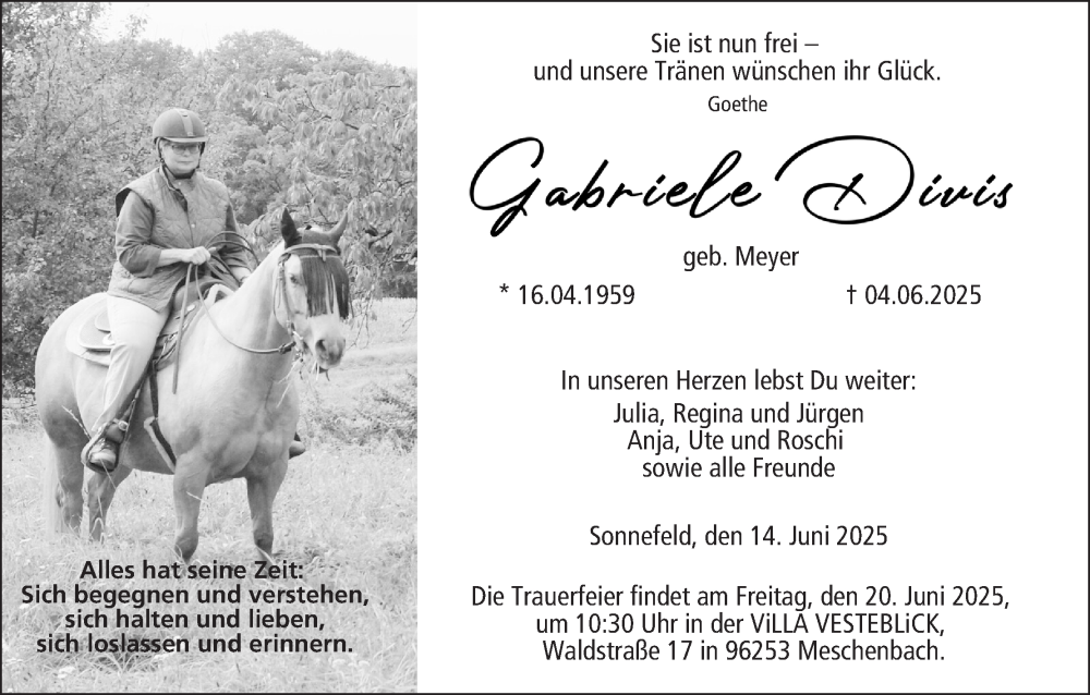  Traueranzeige für Gabriele Diris vom 14.06.2025 aus MGO