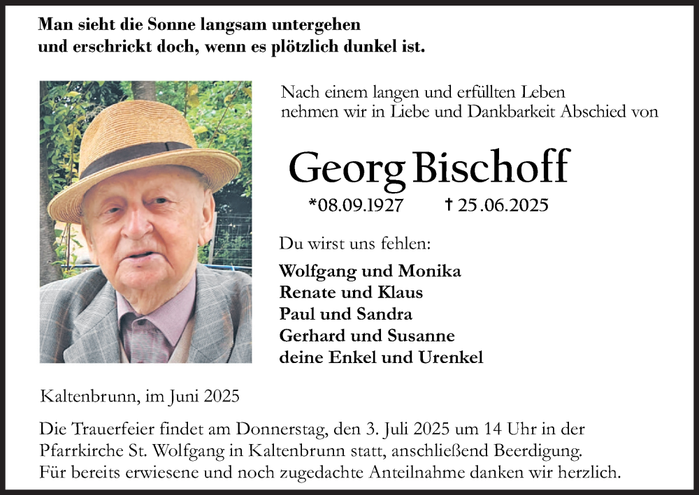  Traueranzeige für Georg Bischoff vom 28.06.2025 aus MGO