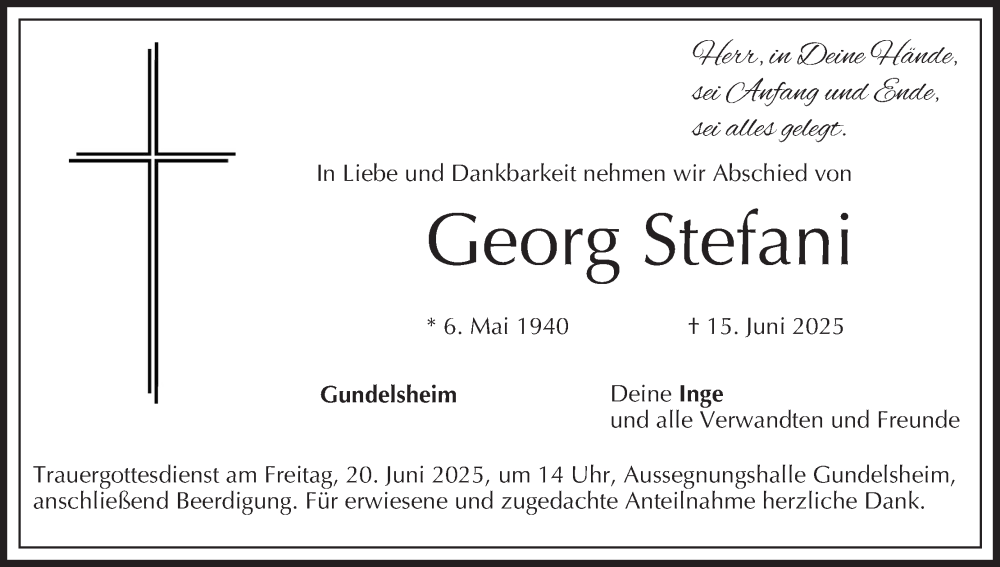  Traueranzeige für Georg Stefani vom 17.06.2025 aus MGO