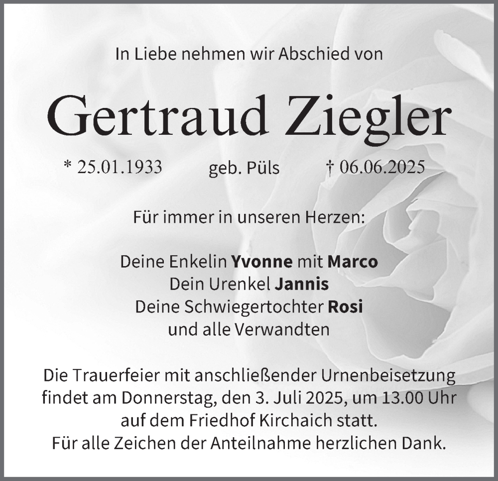  Traueranzeige für Gertraud Ziegler vom 28.06.2025 aus MGO