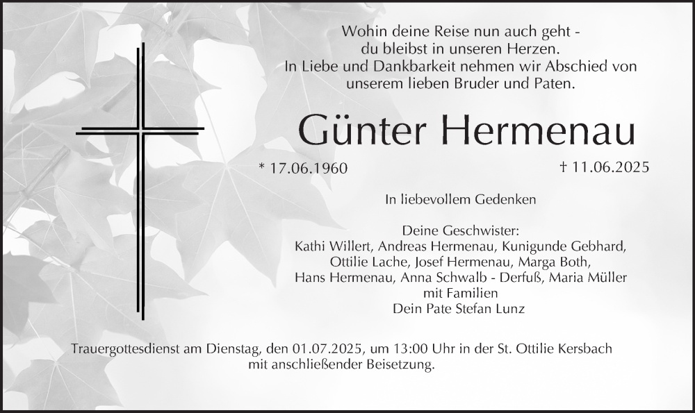  Traueranzeige für Günter Hermenau vom 28.06.2025 aus MGO