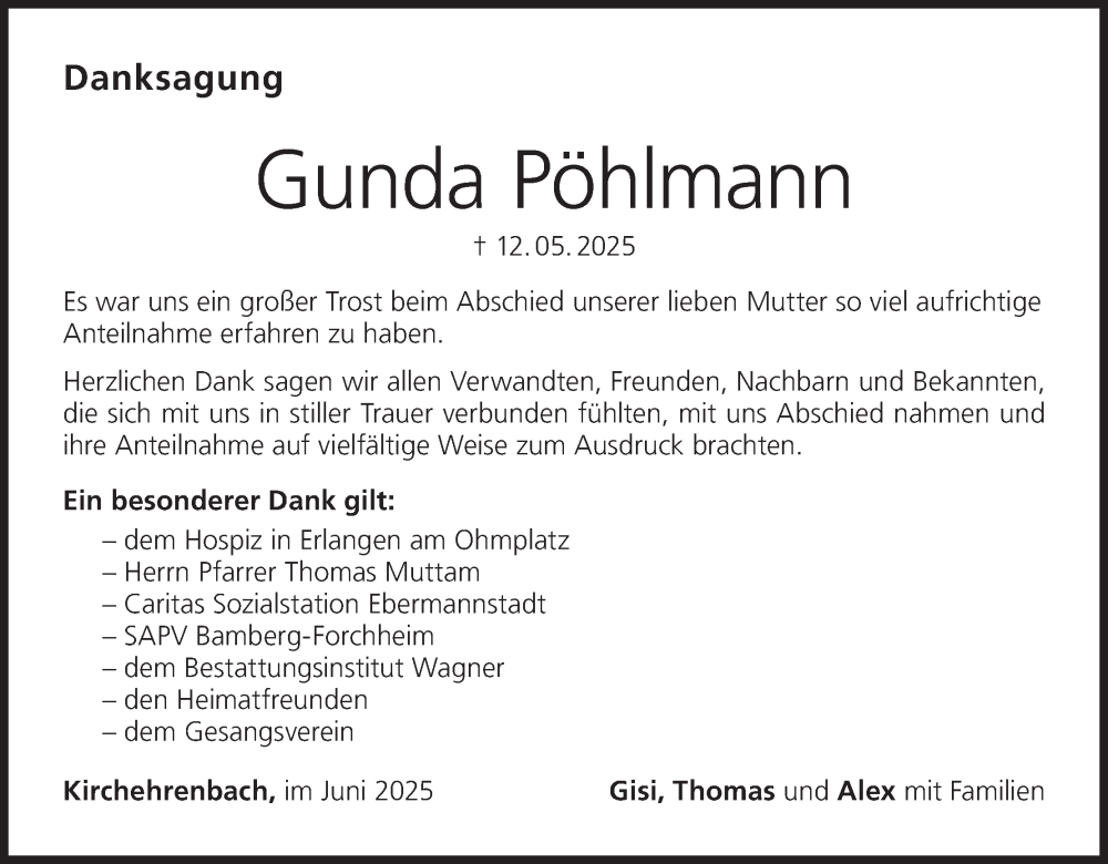  Traueranzeige für Gunda Pöhlmann vom 14.06.2025 aus MGO