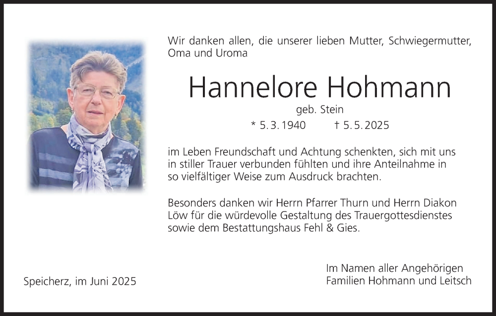  Traueranzeige für Hannelore Hohmann vom 14.06.2025 aus MGO