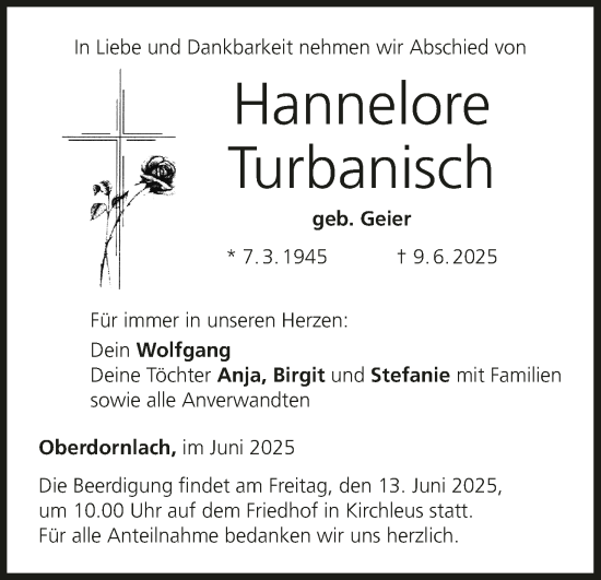 Anzeige von Hannelore Turbanisch von MGO