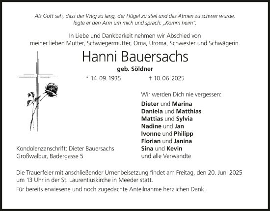 Anzeige von Hanni Bauersachs von MGO