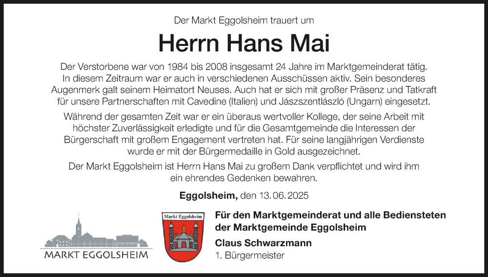  Traueranzeige für Hans Mai vom 14.06.2025 aus MGO
