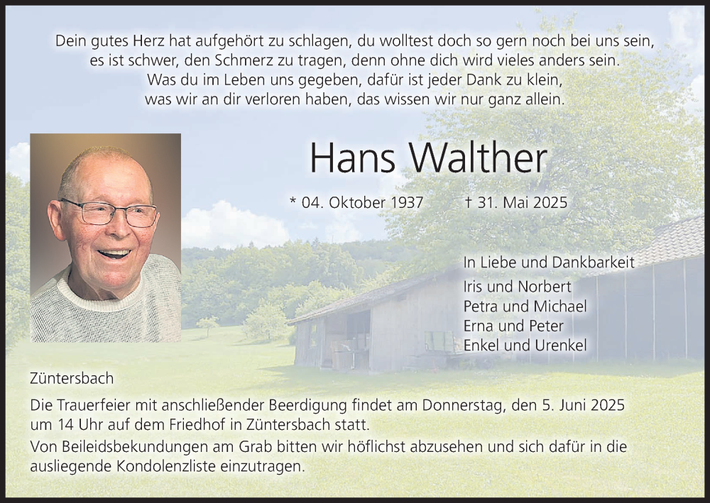  Traueranzeige für Hans Walther vom 04.06.2025 aus MGO