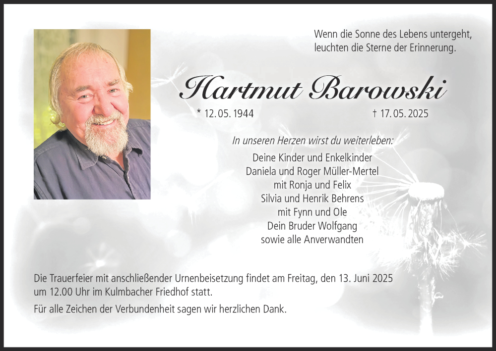  Traueranzeige für Hartmut Barowski vom 07.06.2025 aus MGO