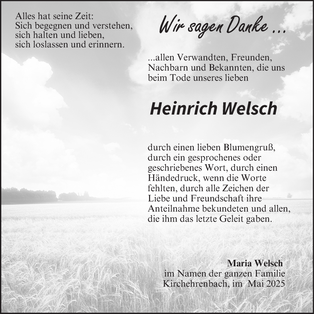  Traueranzeige für Heinrich Welsch vom 24.05.2025 aus MGO