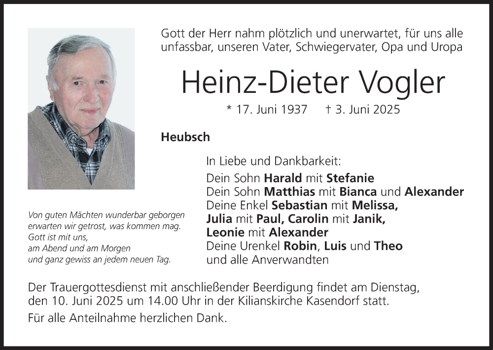 Traueranzeige für Heinz-Dieter Vogler vom 07.06.2025 aus MGO