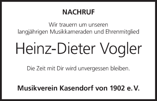 Anzeige von Heinz-Dieter Vogler von MGO