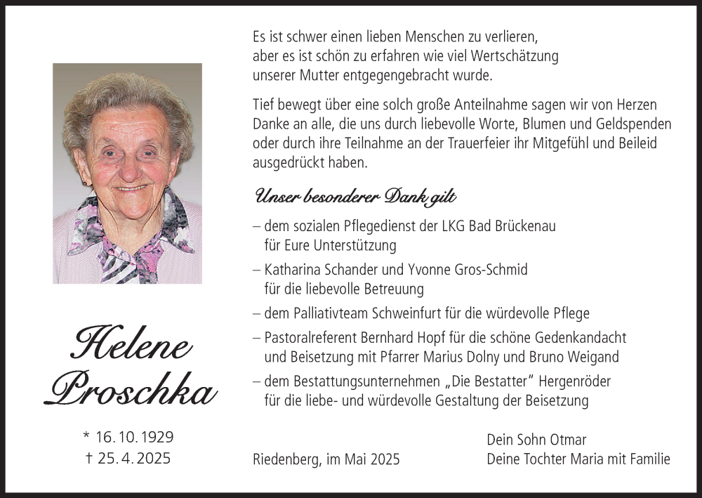  Traueranzeige für Helene Proschka vom 24.05.2025 aus MGO