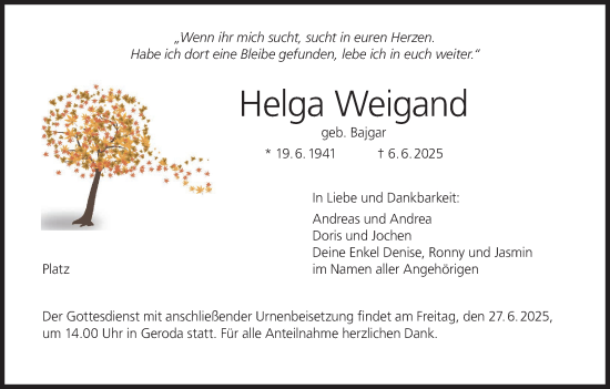 Anzeige von Helga Weigand von MGO