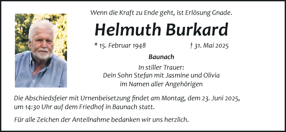  Traueranzeige für Helmuth Burkard vom 21.06.2025 aus MGO