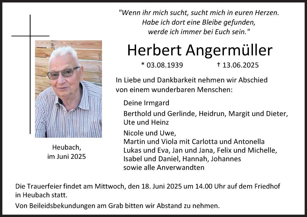  Traueranzeige für Herbert Angermüller vom 17.06.2025 aus MGO