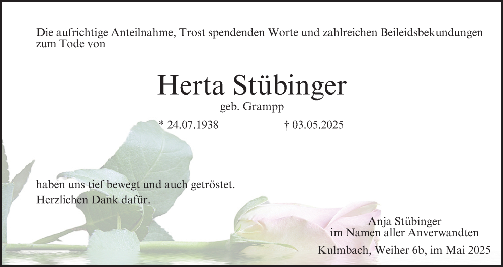  Traueranzeige für Herta Stübinger vom 24.05.2025 aus MGO