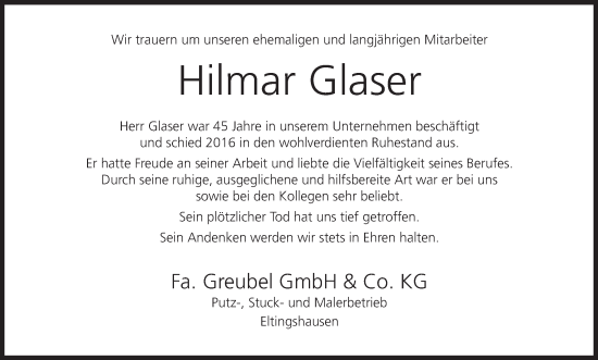 Anzeige von Hilmar Glaser von MGO