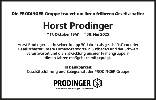 Anzeige von Horst Prodinger von MGO