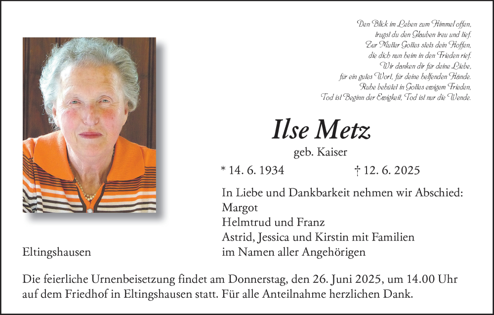  Traueranzeige für Ilse Metz vom 21.06.2025 aus MGO