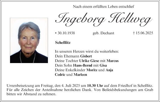 Anzeige von Ingeborg Hellweg von MGO