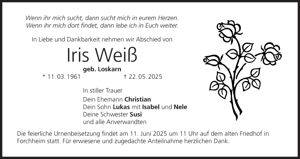  Traueranzeige für Iris Weiß vom 07.06.2025 aus MGO