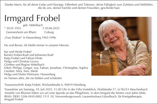 Anzeige von Irmgard Frobel von MGO