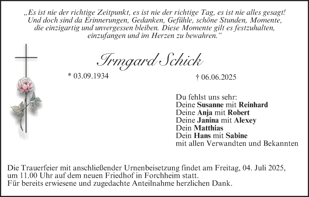  Traueranzeige für Irmgard Schick vom 28.06.2025 aus MGO