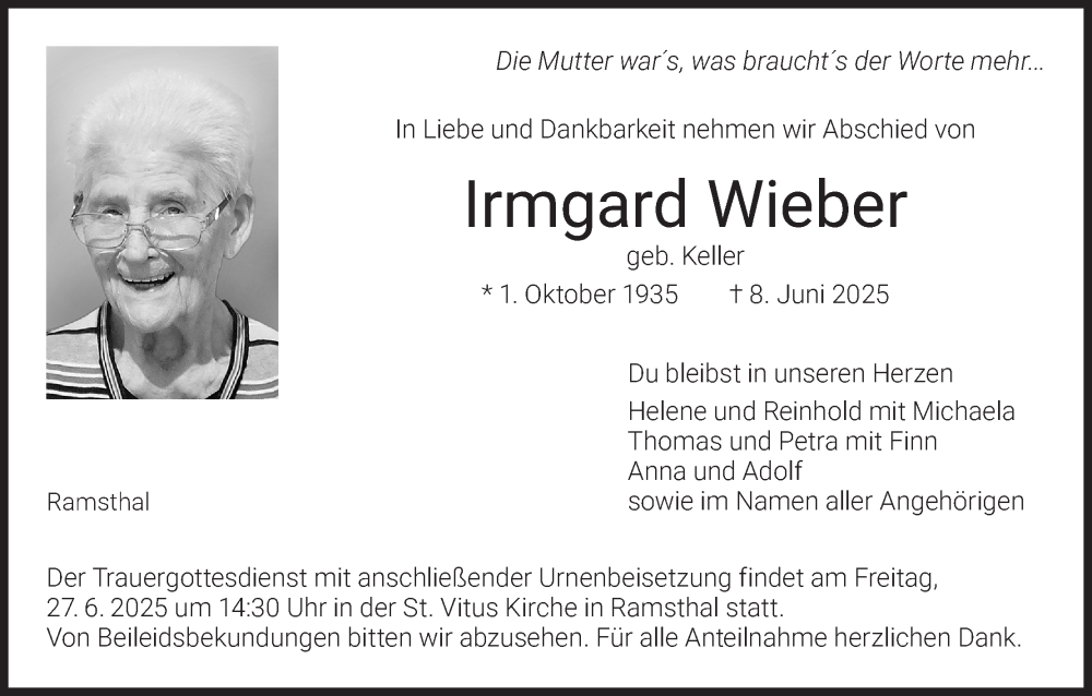  Traueranzeige für Irmgard Wieber vom 21.06.2025 aus MGO