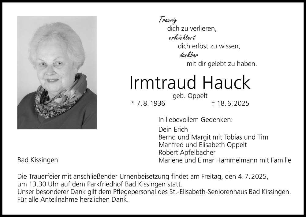  Traueranzeige für Irmtraud Hauck vom 28.06.2025 aus MGO