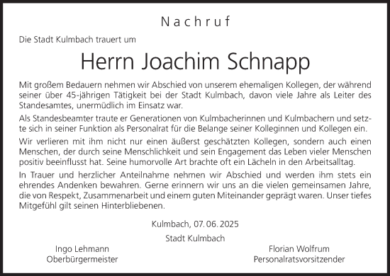 Anzeige von Joachim Schnapp von MGO