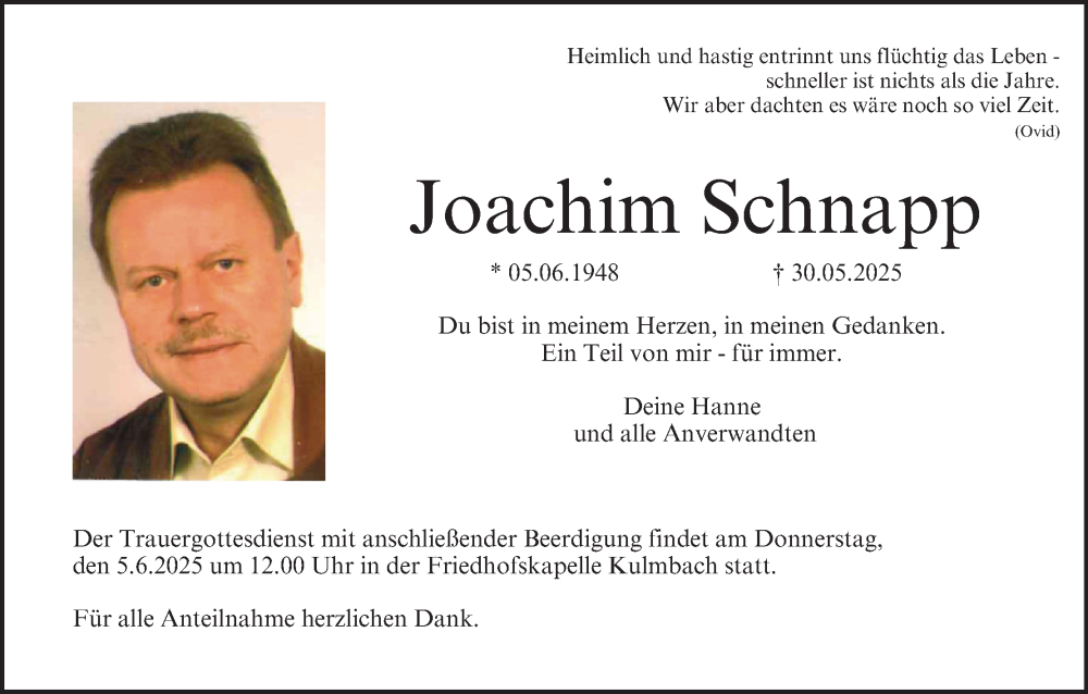  Traueranzeige für Joachim Schnapp vom 04.06.2025 aus MGO
