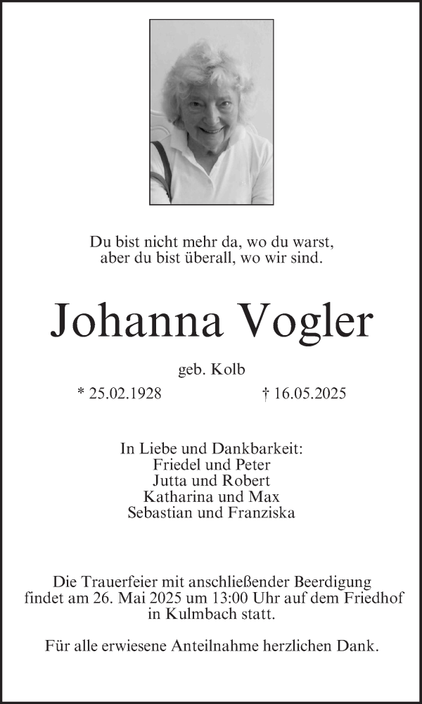  Traueranzeige für Johanna Vogler vom 24.05.2025 aus MGO