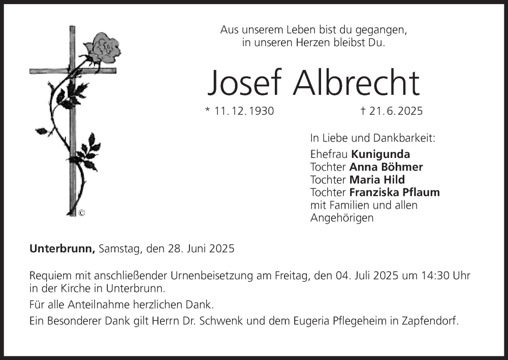  Traueranzeige für Josef Albrecht vom 28.06.2025 aus MGO