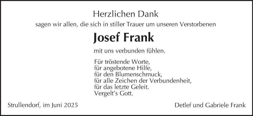  Traueranzeige für Josef Frank vom 21.06.2025 aus MGO