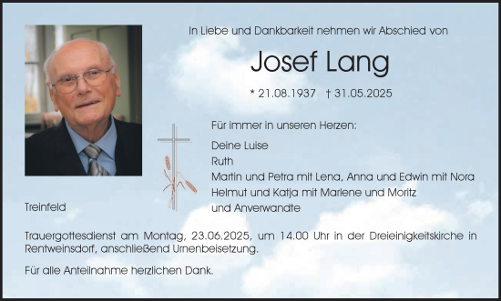 Anzeige von Josef Lang von MGO