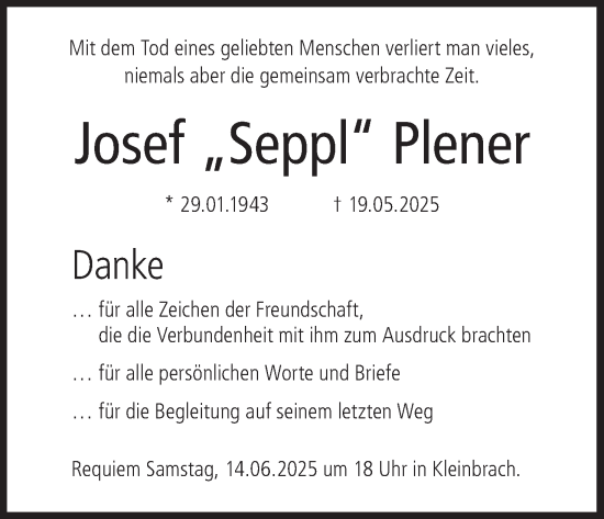 Anzeige von Josef Plener von MGO