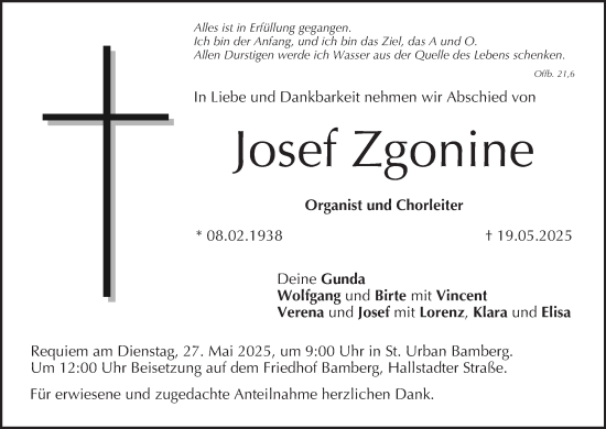 Anzeige von Josef Zgonine von MGO