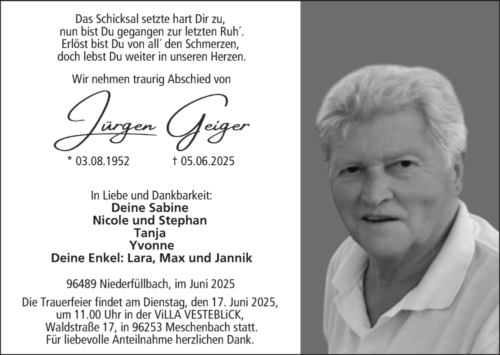  Traueranzeige für Jürgen Geiger vom 07.06.2025 aus MGO