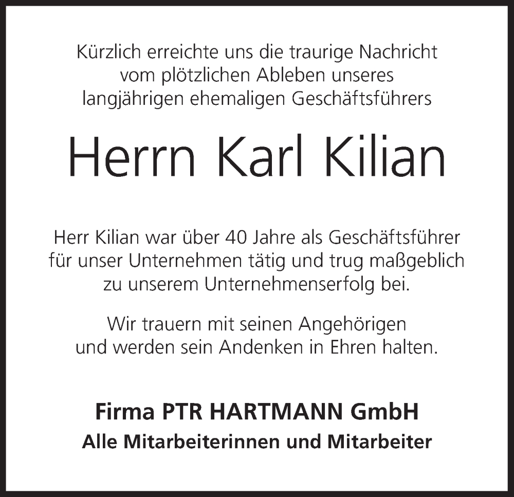  Traueranzeige für Karl Kilian vom 14.06.2025 aus MGO