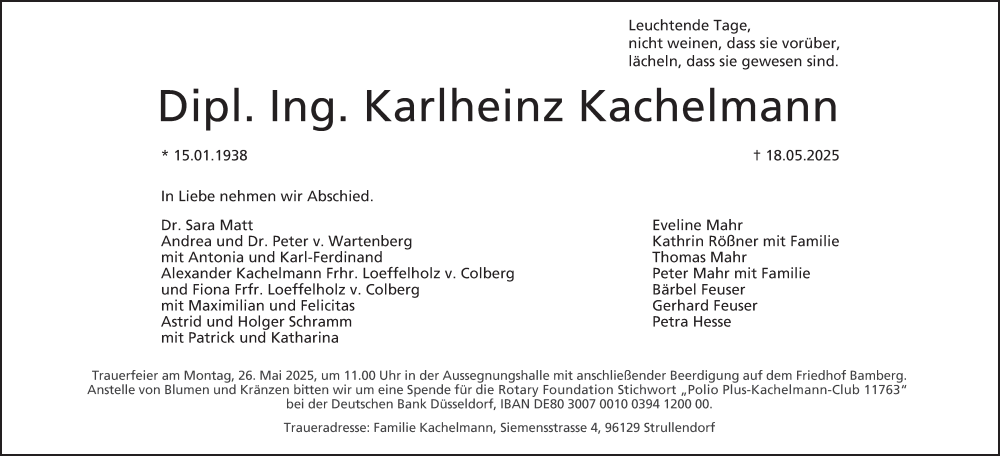  Traueranzeige für Karlheinz Kachelmann vom 24.05.2025 aus MGO