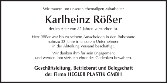 Anzeige von Karlheinz Rößer von MGO
