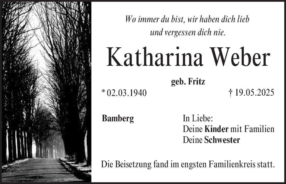  Traueranzeige für Katharina Weber vom 07.06.2025 aus MGO