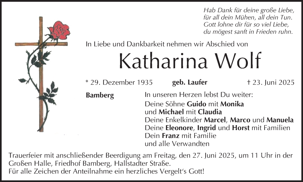  Traueranzeige für Katharina Wolf vom 25.06.2025 aus MGO