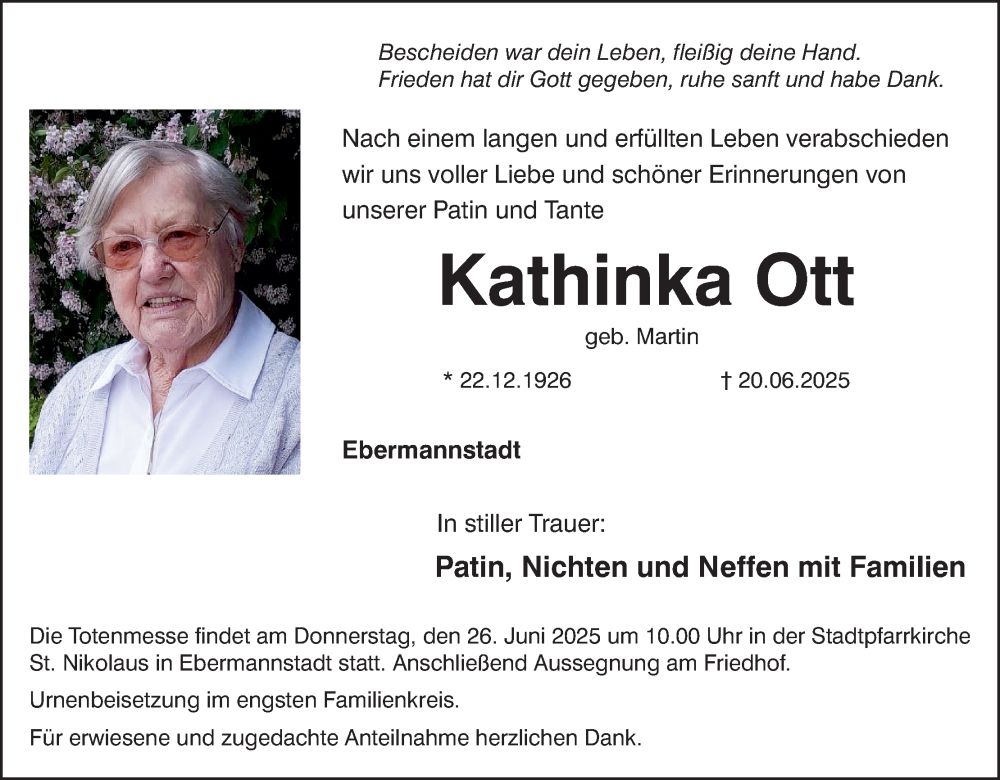  Traueranzeige für Kathinka Ott vom 24.06.2025 aus MGO