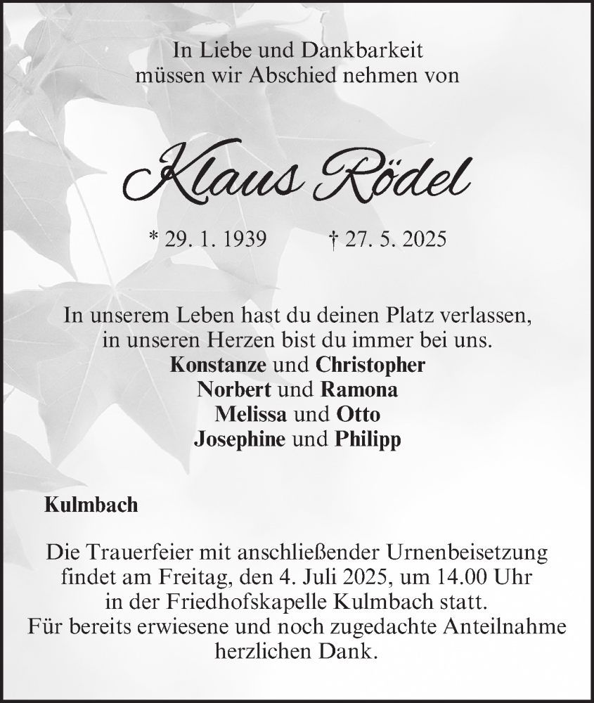  Traueranzeige für Klaus Rödel vom 28.06.2025 aus MGO