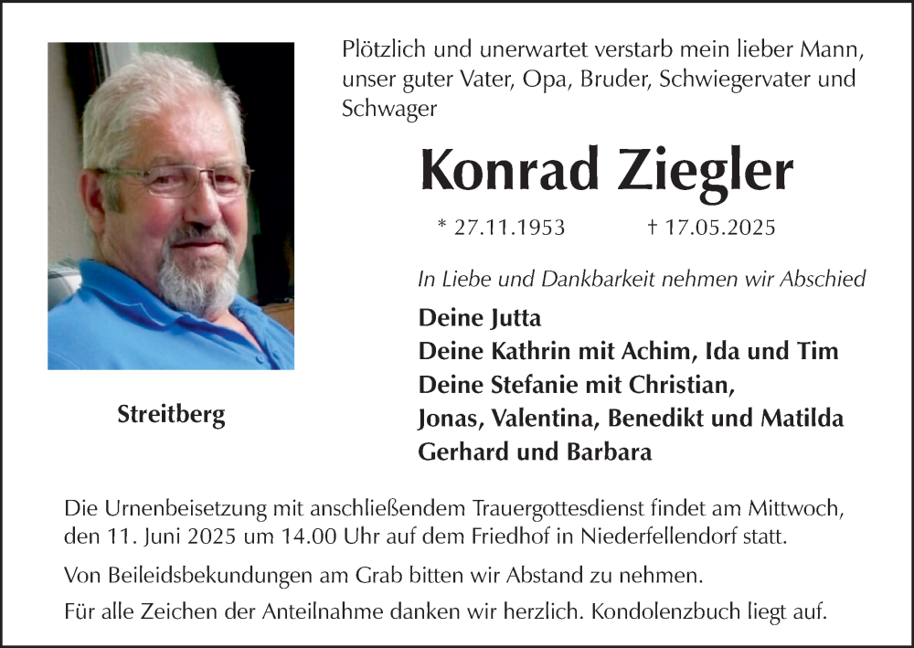  Traueranzeige für Konrad Ziegler vom 07.06.2025 aus MGO