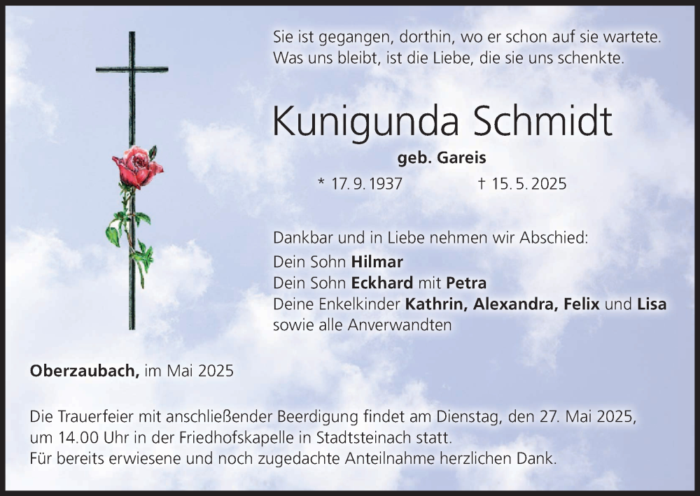  Traueranzeige für Kunigunda Schmidt vom 24.05.2025 aus MGO